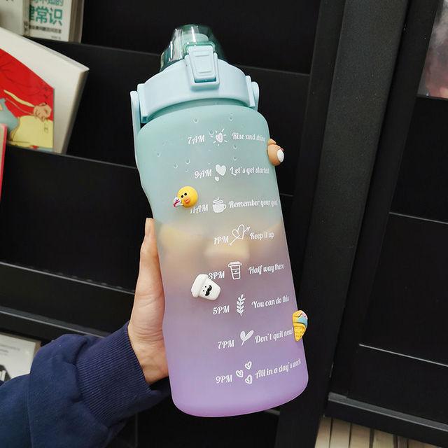 Gradient water bottle with motivational phrases and emojis held by a person.