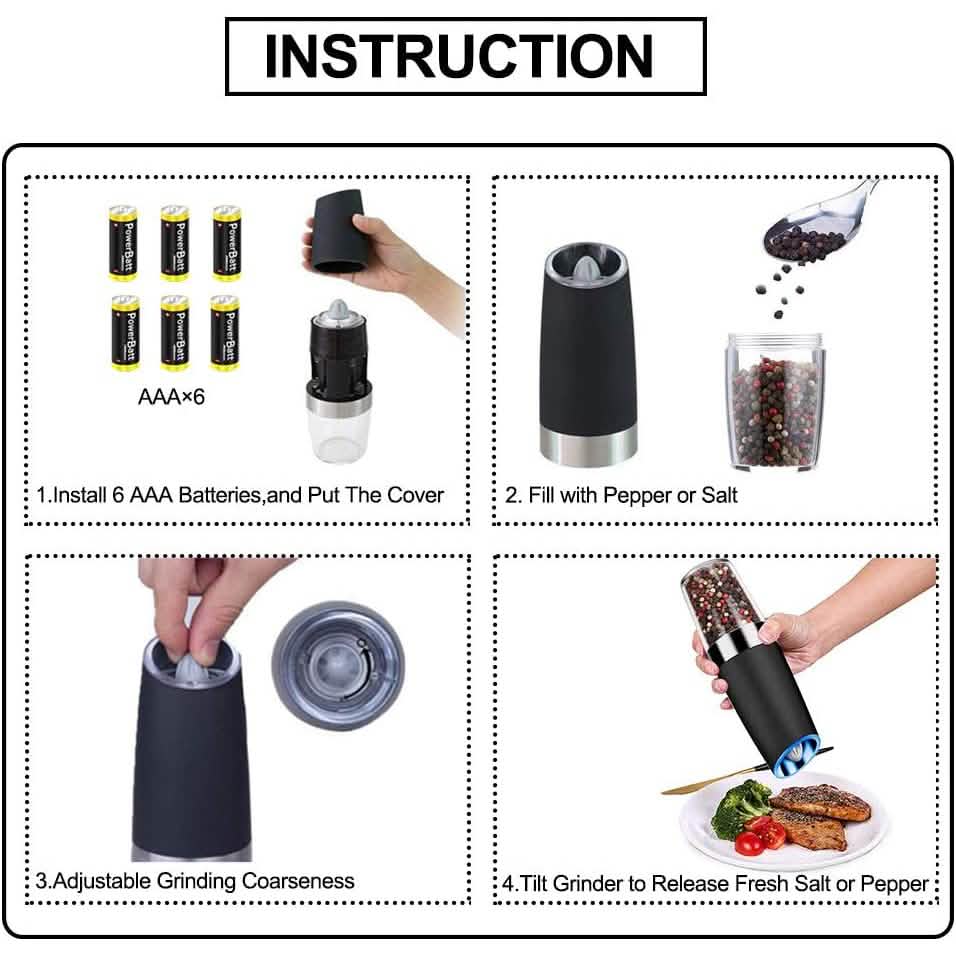 Gravity Electric Salt & Pepper Grinder Set | 2-Pack with LED Light