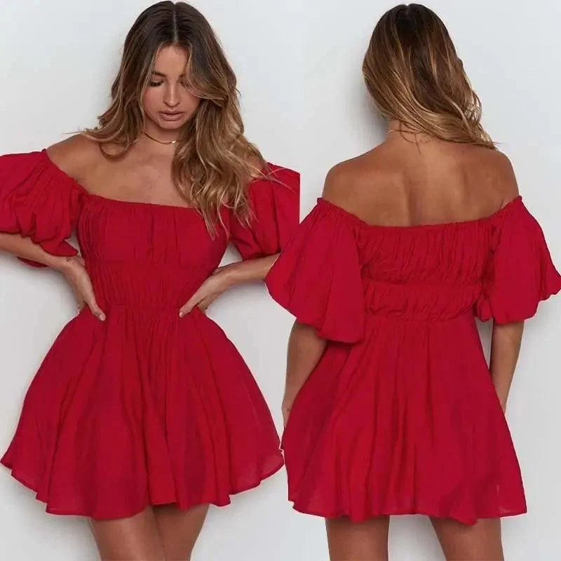 Red off-shoulder dress shown from front and back on a white background
