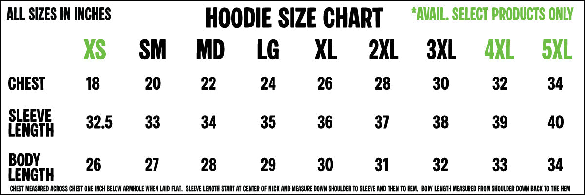 Hoodie size chart with measurements in inches for various sizes.
