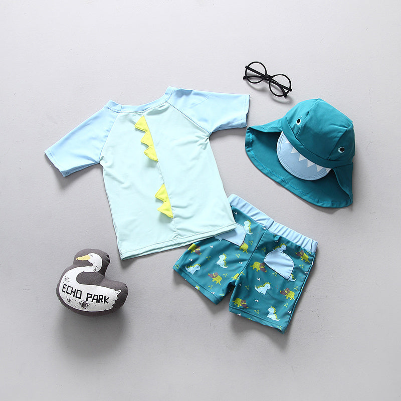 Boys Dinosaur Rashguard Swimsuit Set with Sun Hat – UPF 50+