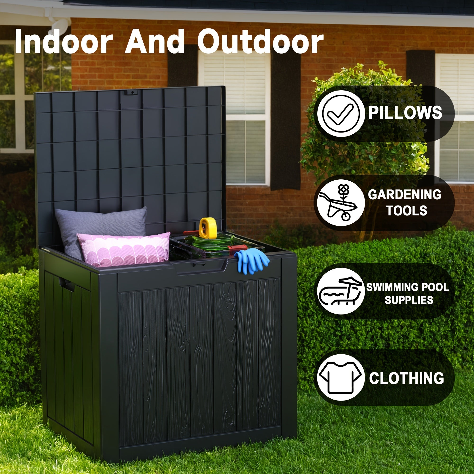 35 Gallon Outdoor Resin Storage Box | Lockable Flip-Top | Black/Wood Grain