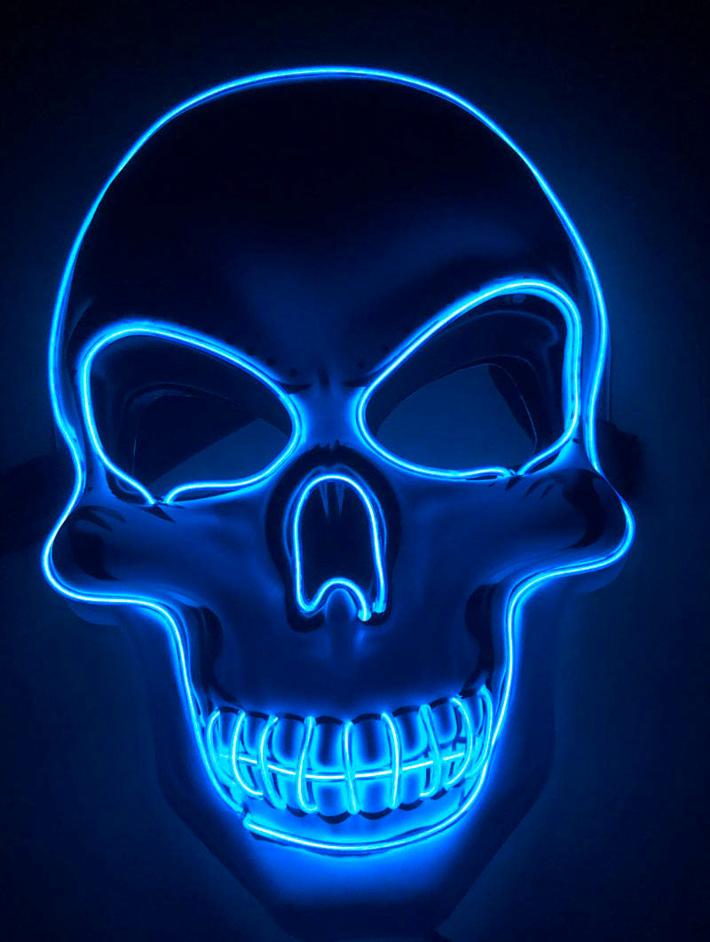 Neon blue skull mask on a black background