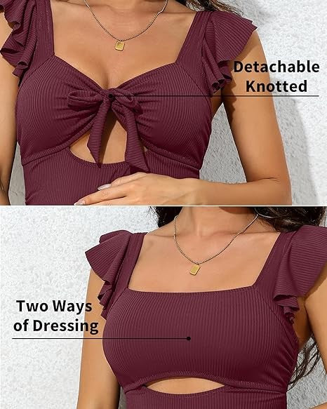 Ribbed Tie Knot Cutout Ruched Maternity Swimsuit – V-Neck, Ruffle Strap, Removable Padding