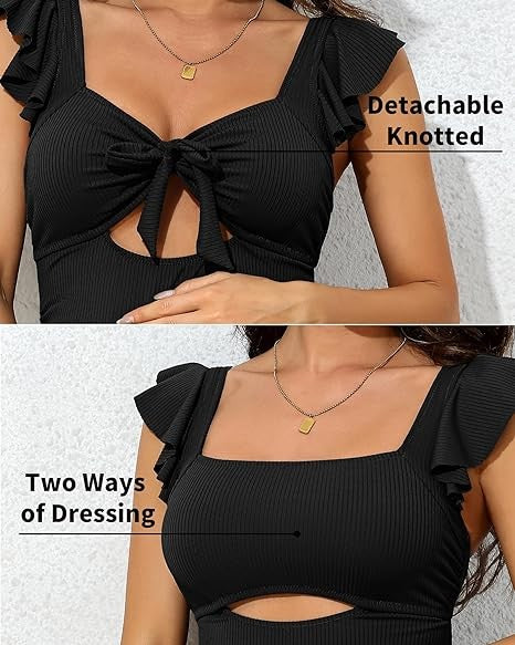 Ribbed Tie Knot Cutout Ruched Maternity Swimsuit – V-Neck, Ruffle Strap, Removable Padding