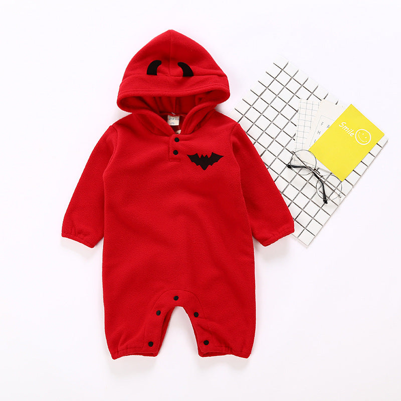 Red baby onesie with a hood on a white background