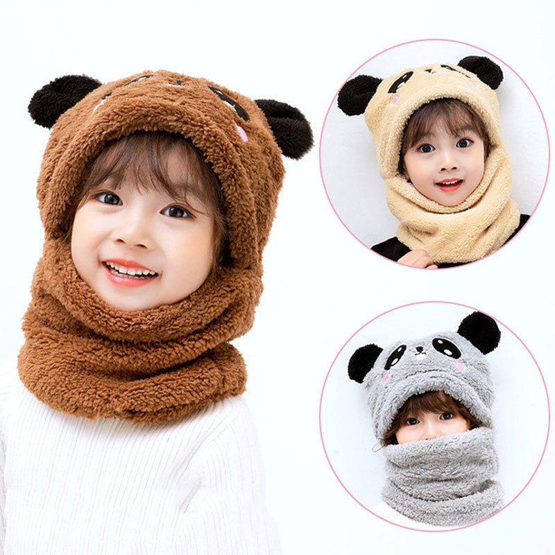 Children wearing bear and panda-themed hats with scarves in brown, beige, and gray.