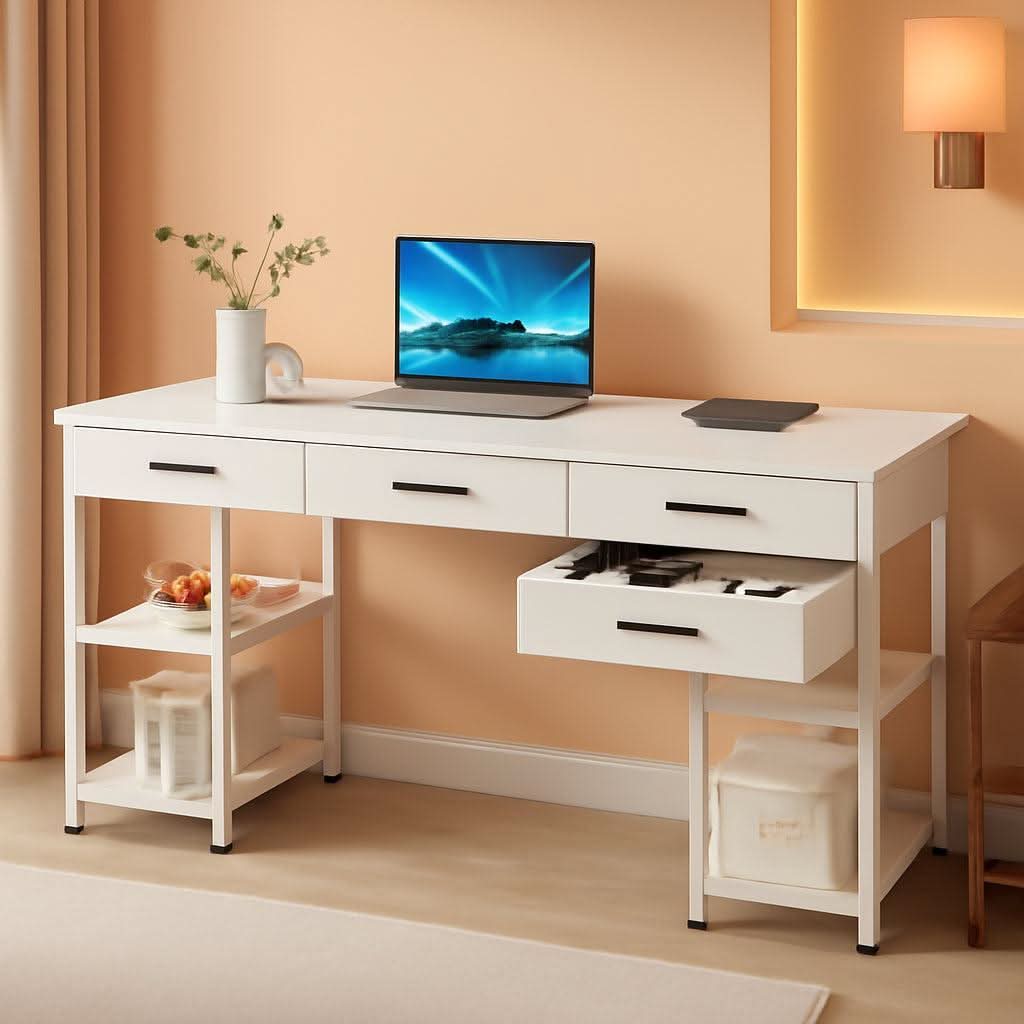 48-Inch White Contemporary Desk with Drawers – Modern Home Office & Study Computer Desk