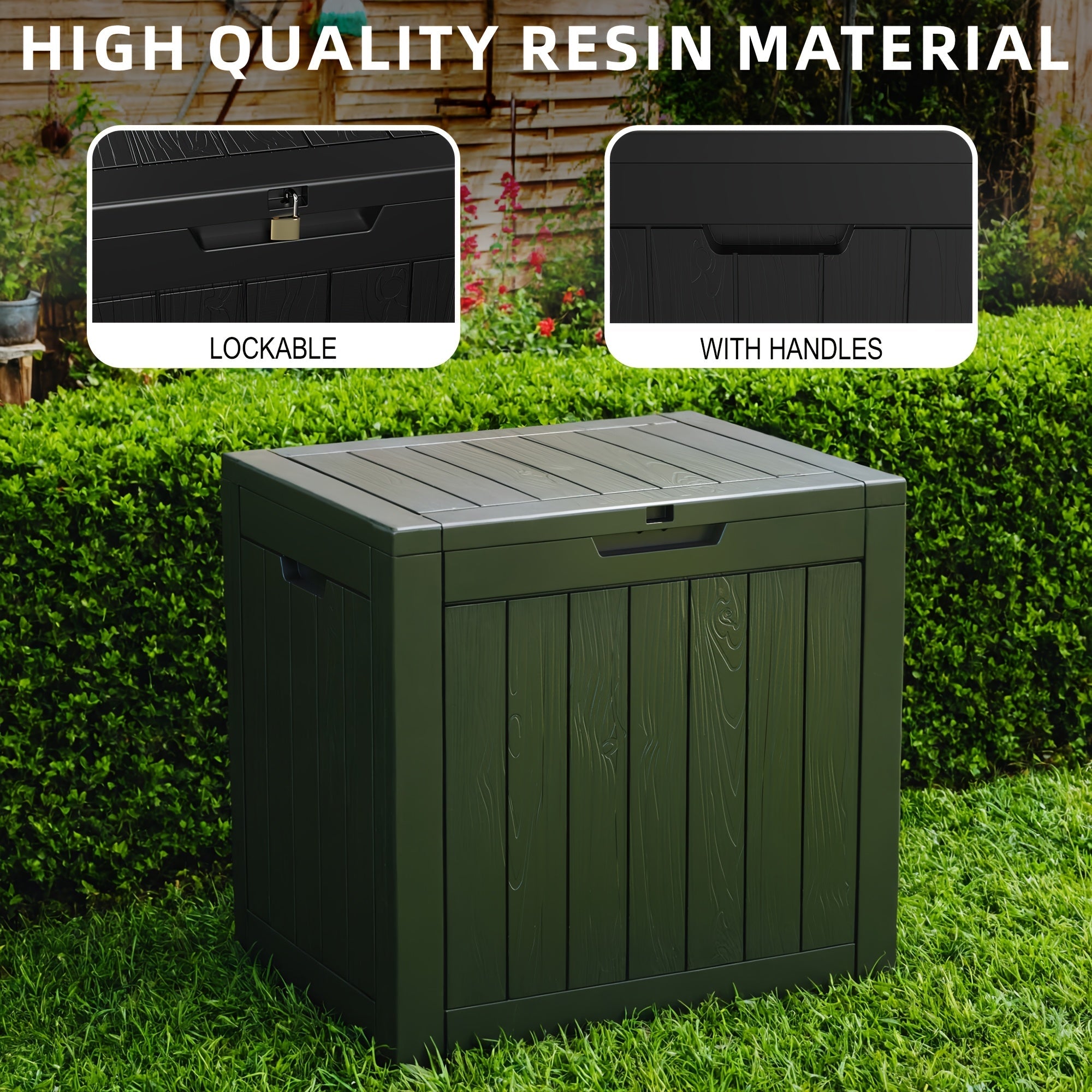 35 Gallon Outdoor Resin Storage Box | Lockable Flip-Top | Black/Wood Grain