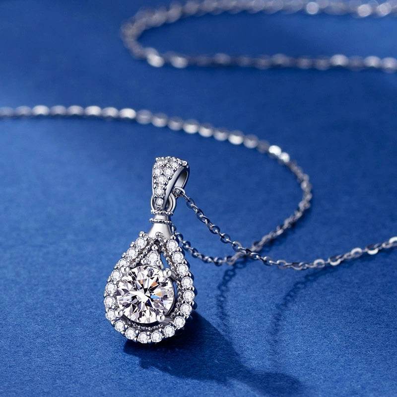 S925 Moissanite Teardrop Halo Pendant Necklace | VVS1 D-Grade 1–5ct