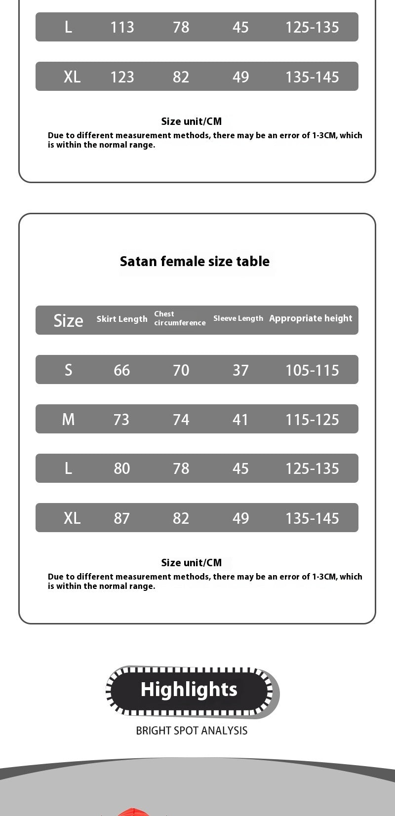 Satan female size chart with measurements in centimeters and inches.