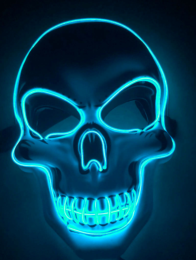 Neon blue skull mask on a black background