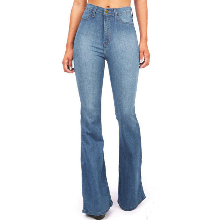 Light blue flared jeans on a white background