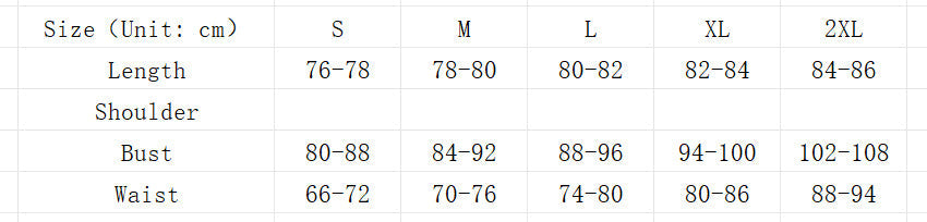 Size chart for clothing with measurements in centimeters for different sizes.