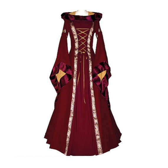 Red medieval-style dress with gold accents on a white background