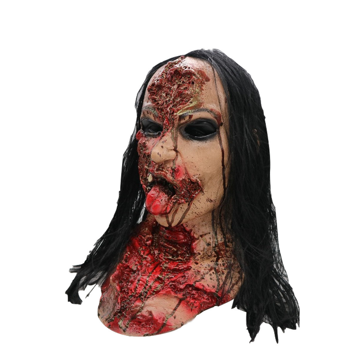 Horror-themed mask with dark hair and red, bloody texture on a white background