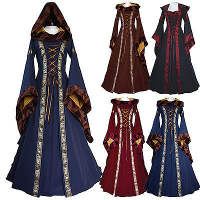 A set of medieval-style long dresses displayed on mannequins against a white background, featuring three main colorways: navy blue with brown and gold accents, burgundy with gold and white accents, and dark blue with red and gold accents.