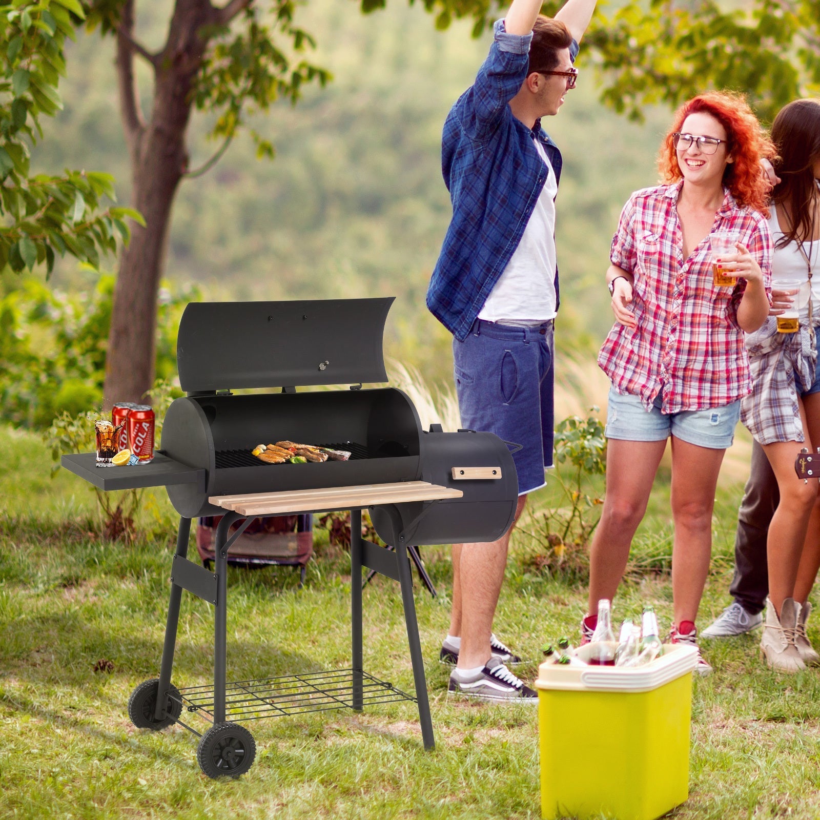 Outsunny 48-Inch Charcoal BBQ Grill & Offset Smoker Combo – Black