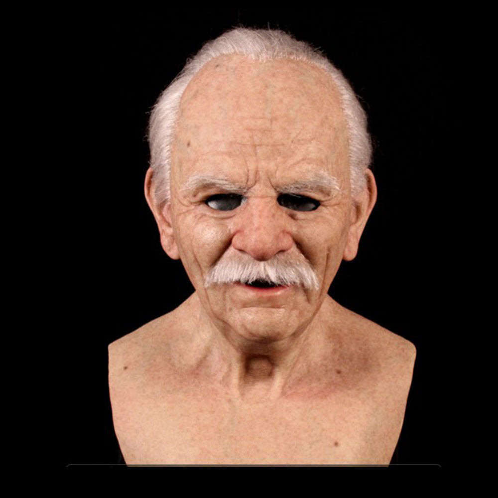Bust of an elderly man with a mustache on a black background