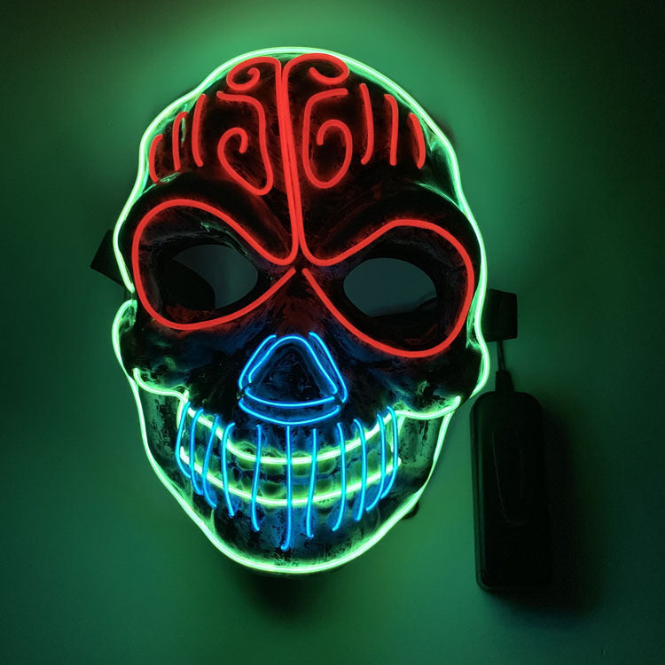 Neon LED mask with red and blue lights on a dark green background