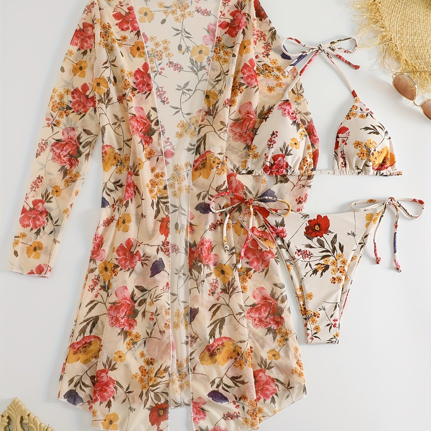 Floral Three-Piece Bikini Set – V-Neck, Cover-Up, Removable Padding