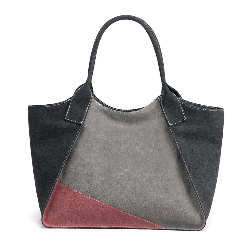 Large Canvas Shoulder Bag for Women – Spacious Commuter Tote in Grey & Coffee