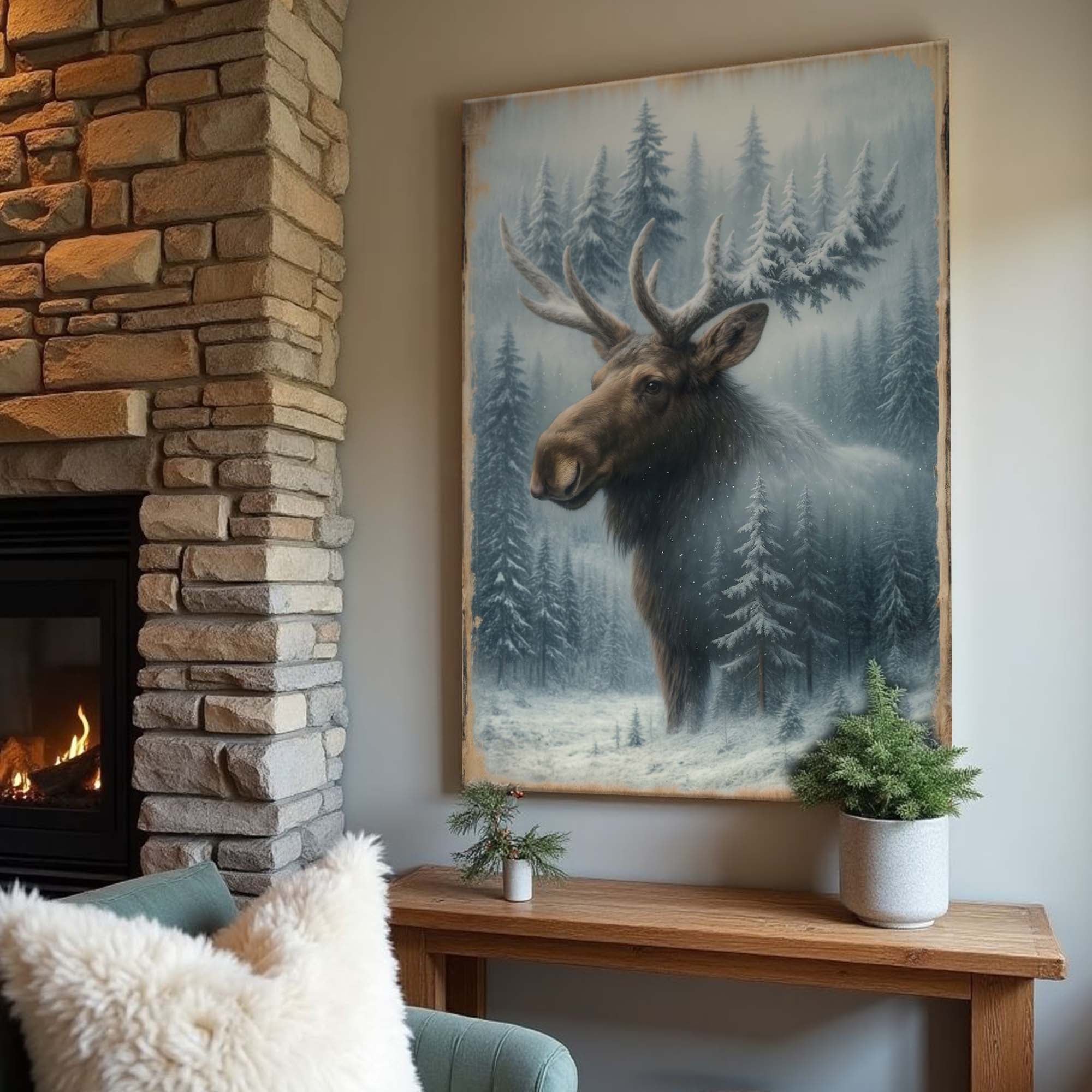 Snowy Forest Moose Double Exposure Canvas Wall Art | Handcrafted | 3 Sizes | Ready to Hang