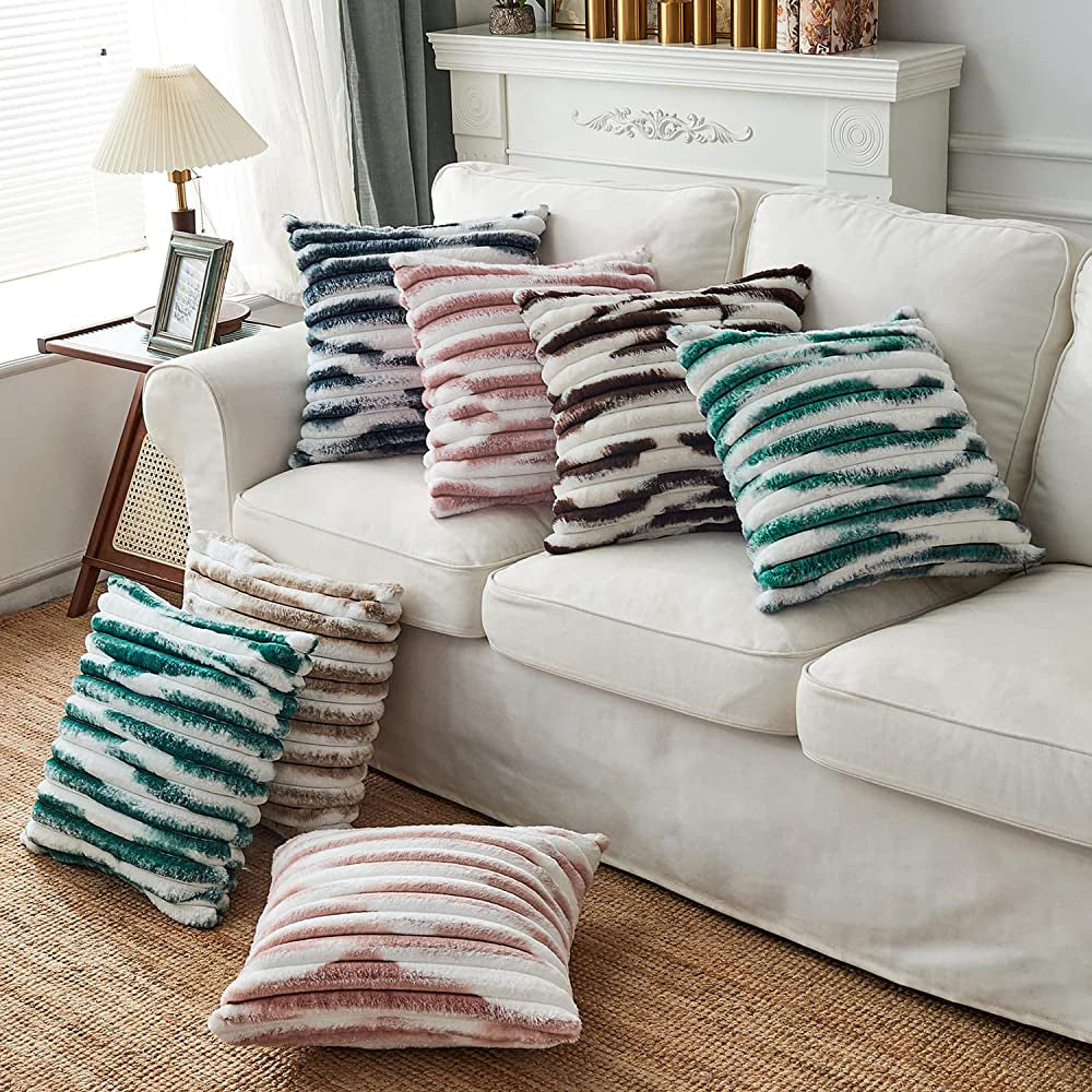 Ribbed Ombre Faux Fur Pillow with Insert – 18”x18” Luxury Glam Pillow