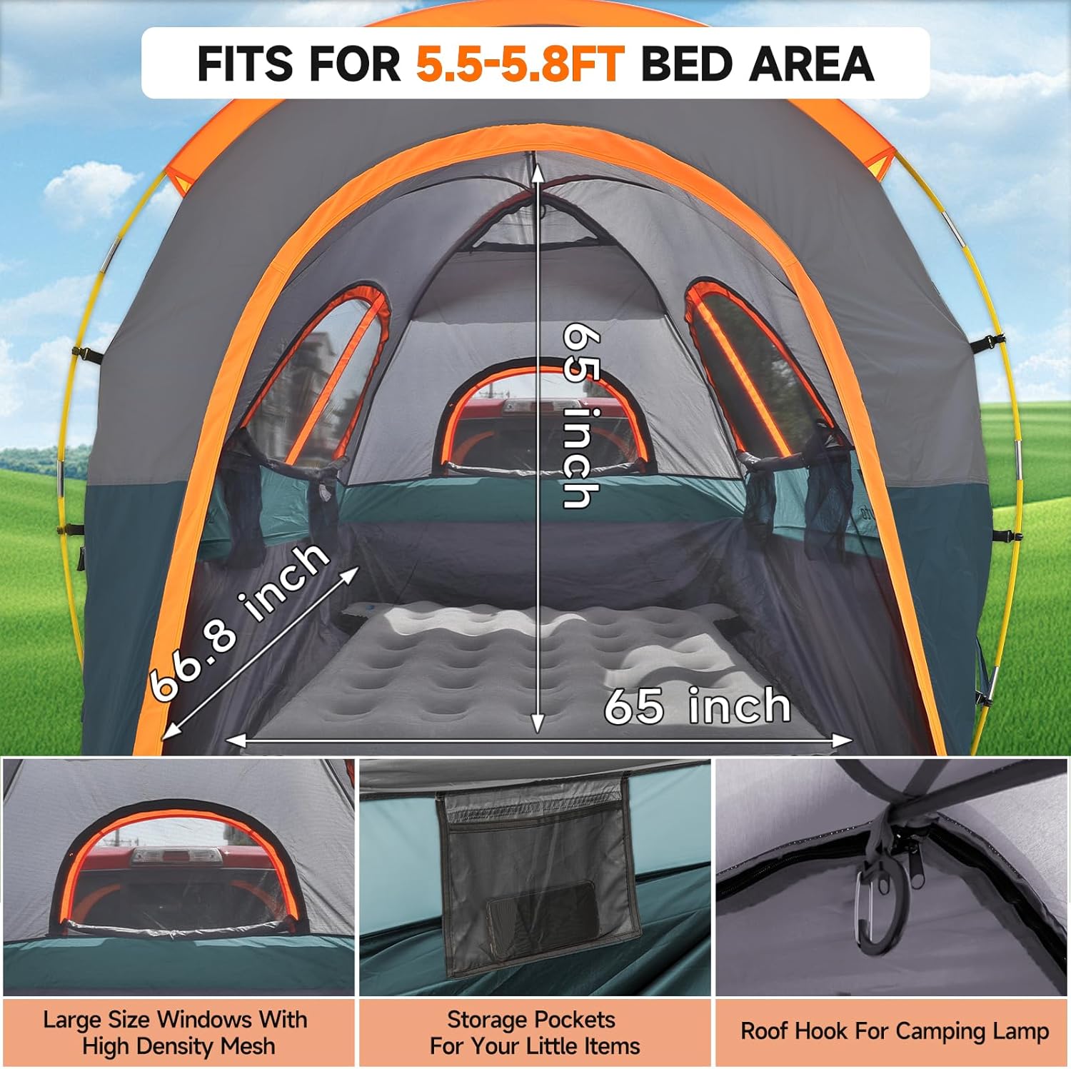 Truck Bed Tent for 5.5–5.8ft Beds — PU3000 Waterproof, 4ft Awning, Color-Coded Setup | 2–3 Sleepers