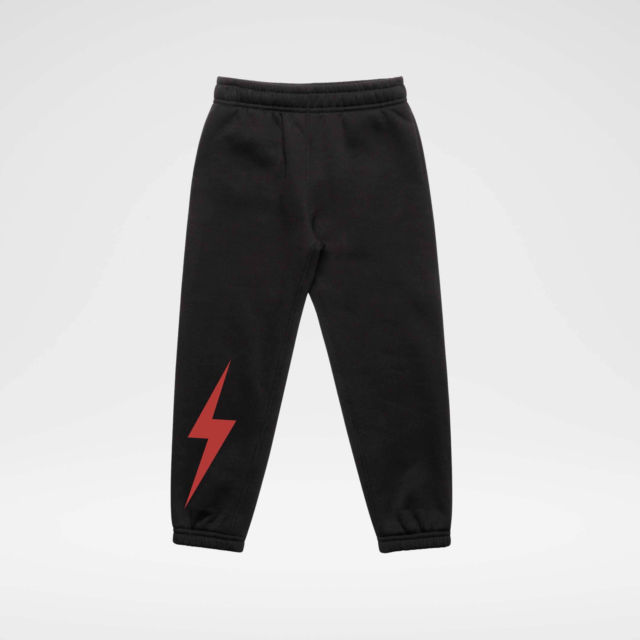 Black sweatpants with a red lightning bolt graphic on the left leg, shown against a light gray background.
