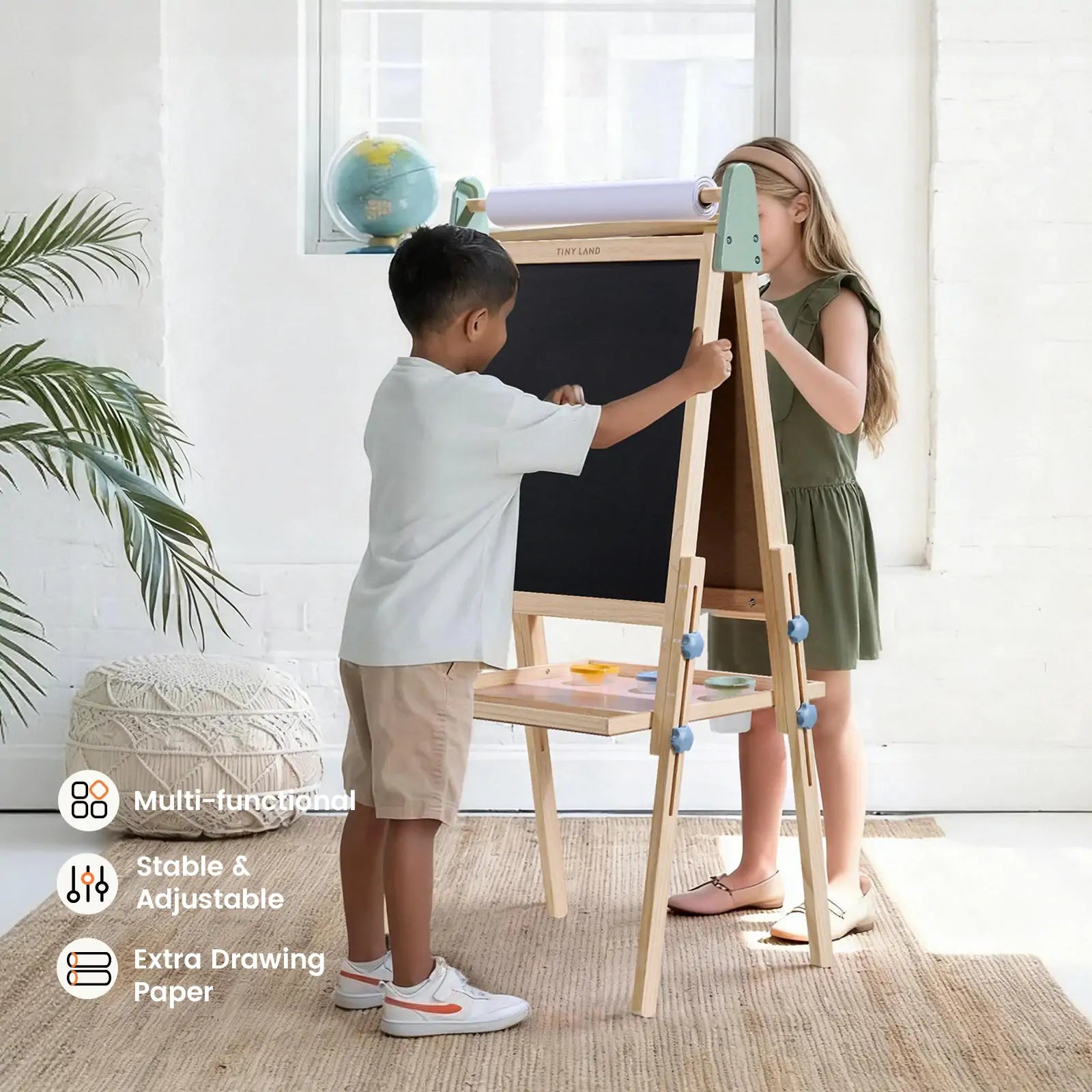 Tiny Land Double-Sided Kids Art Easel – Chalkboard, Whiteboard & Paper Roll