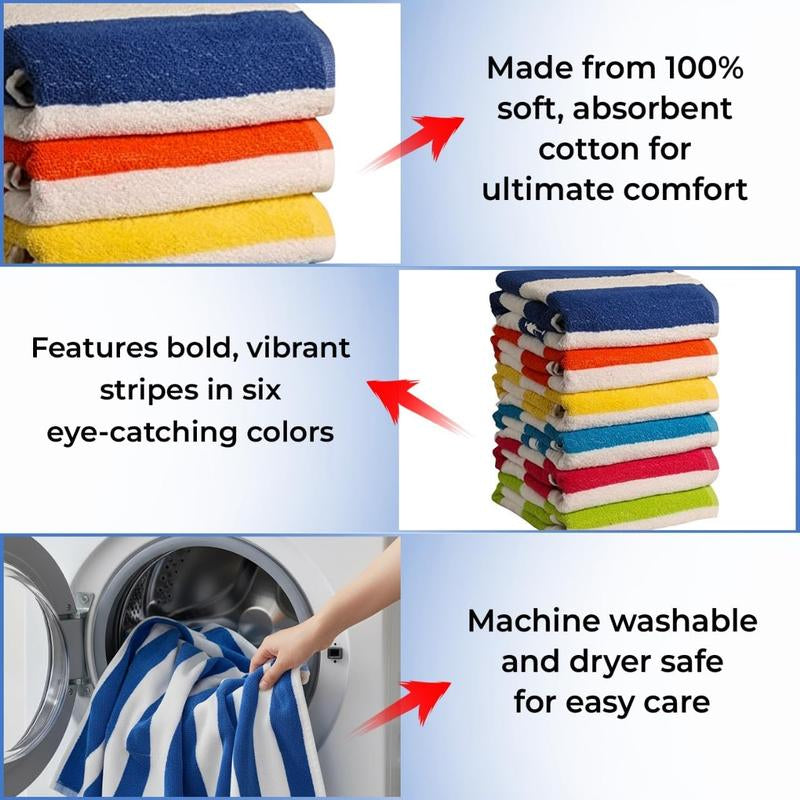 100% Cotton Bath Towels – 6-Pack Cabana Stripe, Lightweight & Absorbent