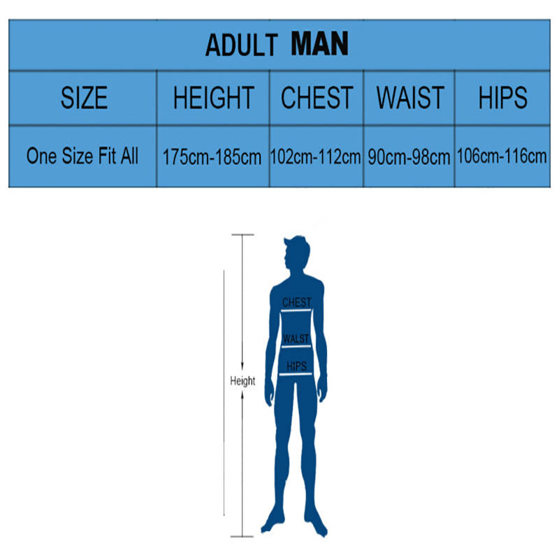 Size chart for adult men with measurements on a white background