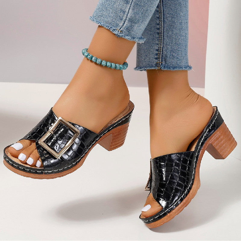 Women's Crocodile-Texture Peep-Toe Chunky Heel Sandals – Buckle Closure