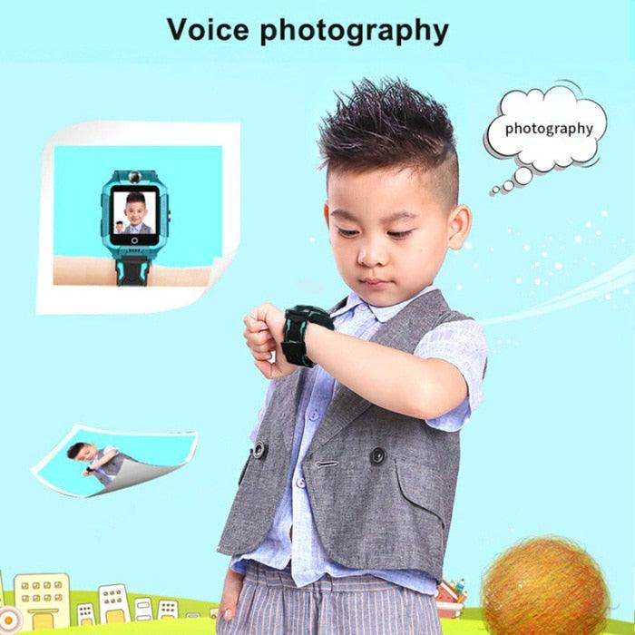 Child wearing a smartwatch with a blue background and text about voice photography.