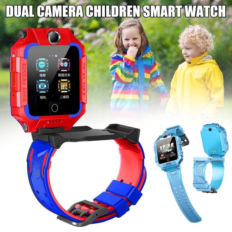 Children's smart watch with red and blue design, displayed with two children in the background.