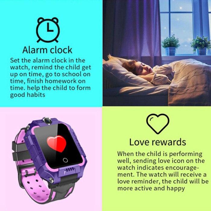 Smartwatch with heart icon, alarm clock text, and child sleeping in bed.