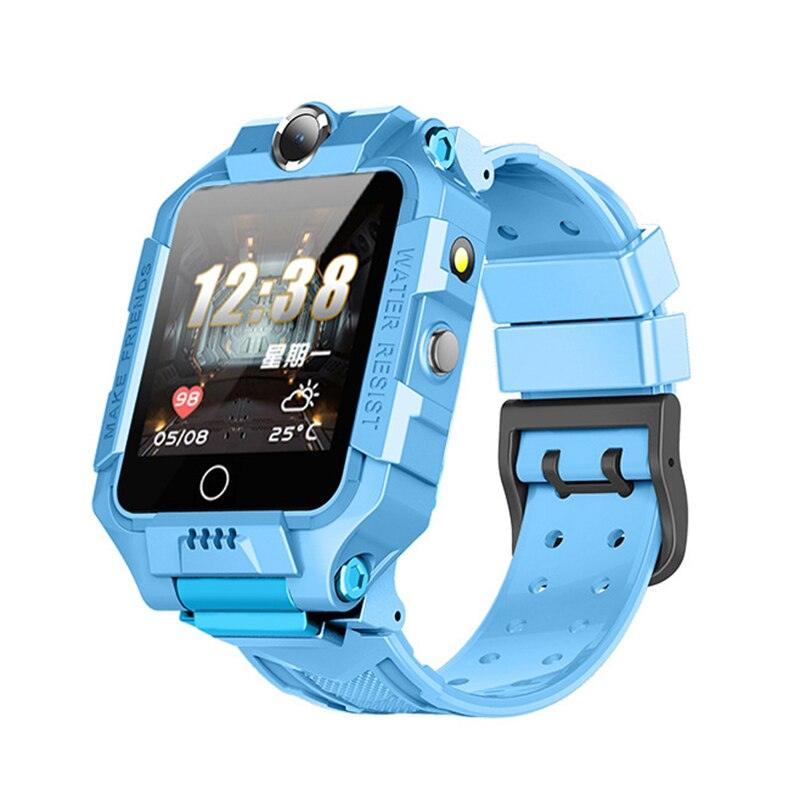 Blue children's smartwatch with a screen displaying time and date on a white background