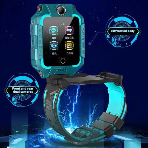 Smartwatch with blue and black design on a dark background