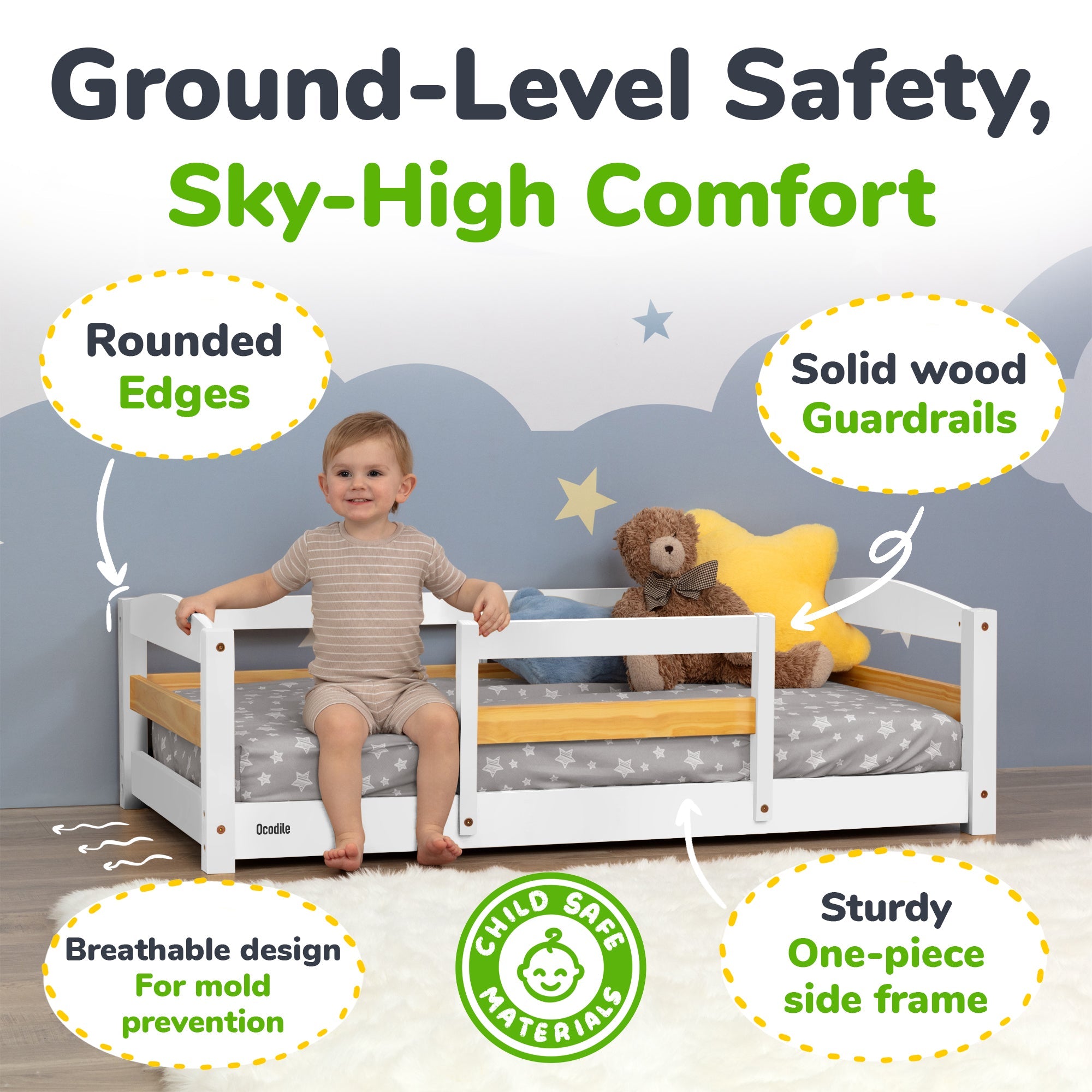 Toddler Bed with Full Safety Rails — Pine & Birch Wood, Fits Standard Crib Mattress
