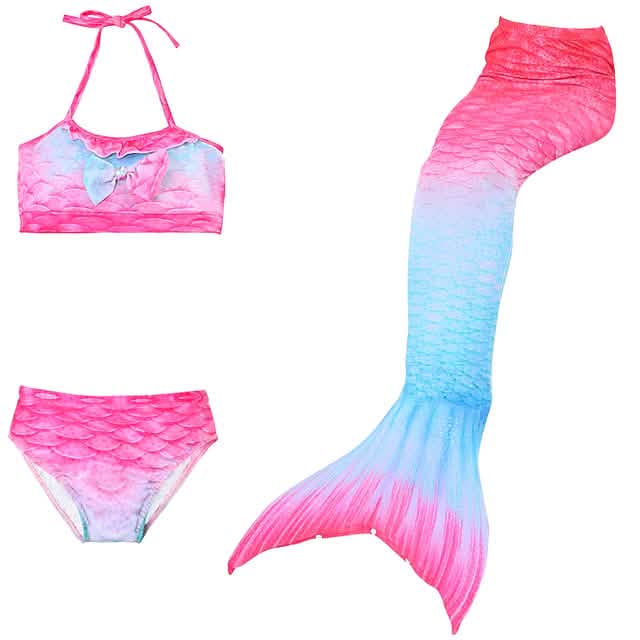 Mädchen 3-teiliges Meerjungfrauenflossen-Bikini-Schwimmanzug-Set – Alter 3–10