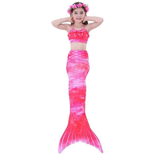 Mädchen 3-teiliges Meerjungfrauenflossen-Bikini-Schwimmanzug-Set – Alter 3–10