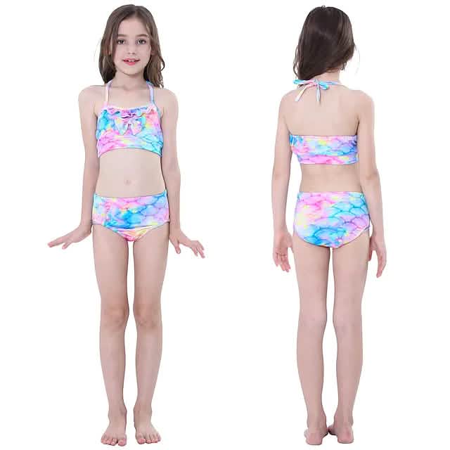 Mädchen 3-teiliges Meerjungfrauenflossen-Bikini-Schwimmanzug-Set – Alter 3–10