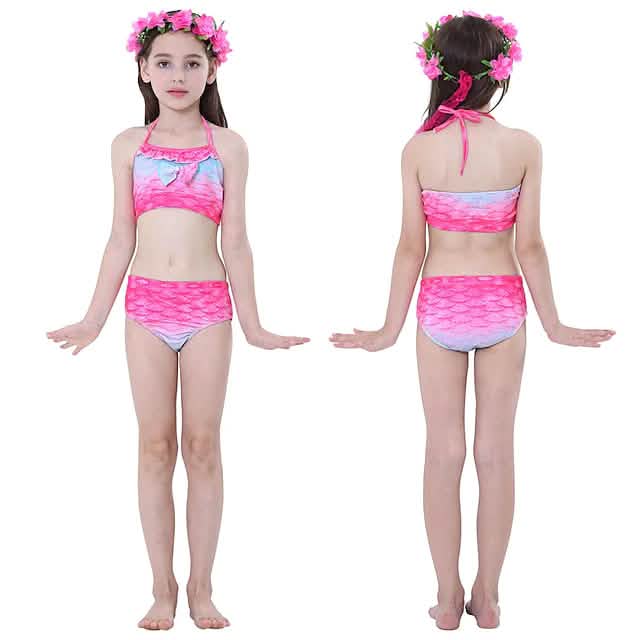 Mädchen 3-teiliges Meerjungfrauenflossen-Bikini-Schwimmanzug-Set – Alter 3–10