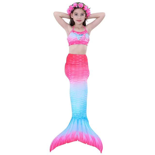 Mädchen 3-teiliges Meerjungfrauenflossen-Bikini-Schwimmanzug-Set – Alter 3–10
