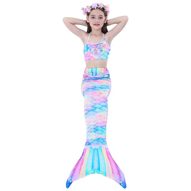 Mädchen 3-teiliges Meerjungfrauenflossen-Bikini-Schwimmanzug-Set – Alter 3–10