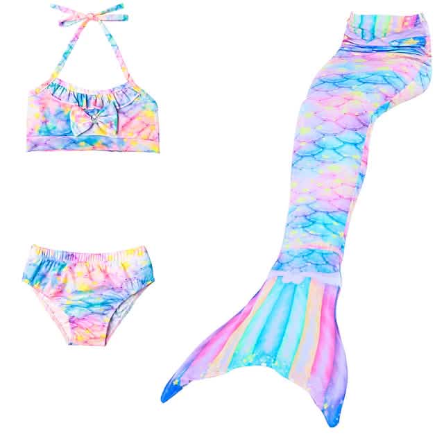 Mädchen 3-teiliges Meerjungfrauenflossen-Bikini-Schwimmanzug-Set – Alter 3–10