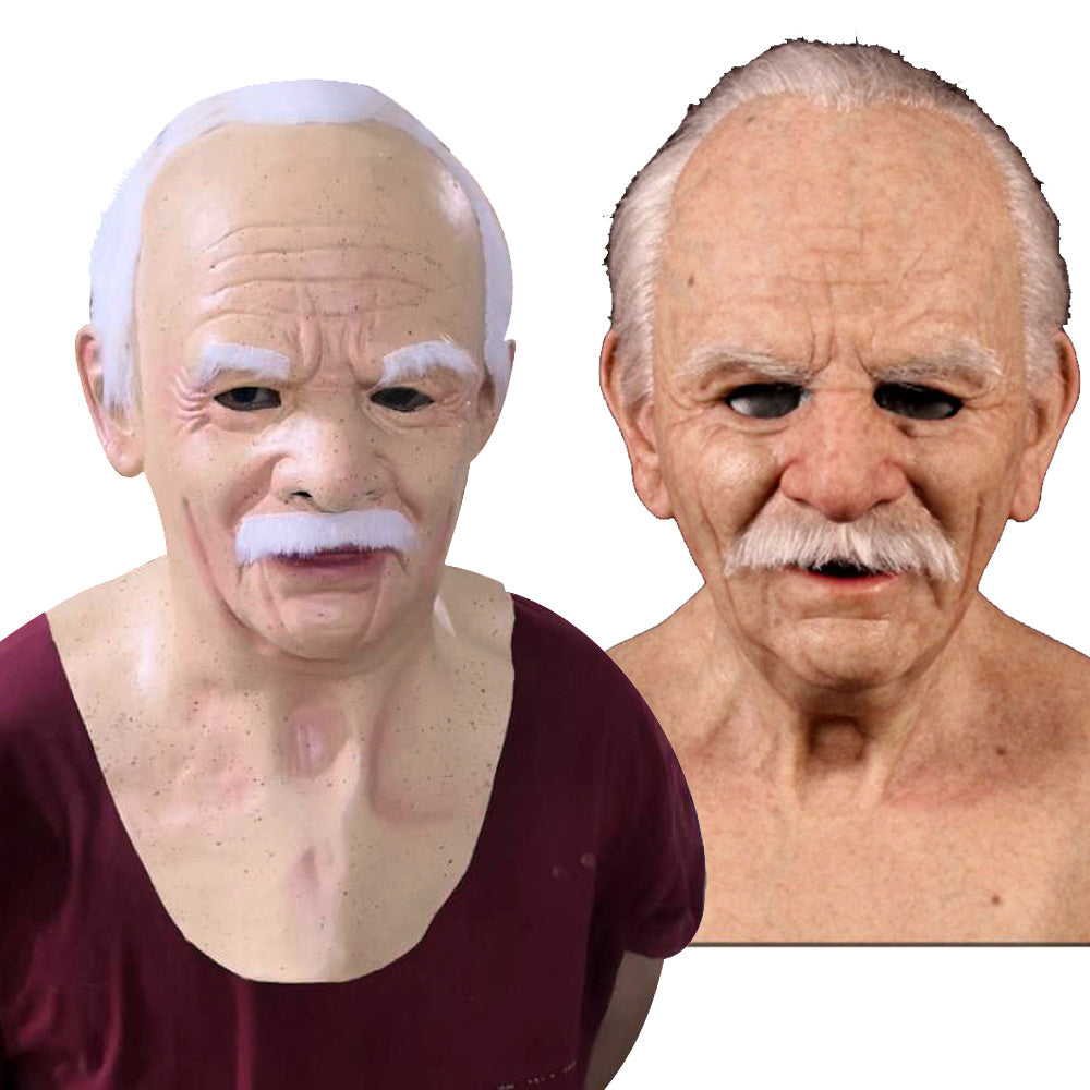 Person wearing an old man mask next to a photo of an elderly man with a mustache.