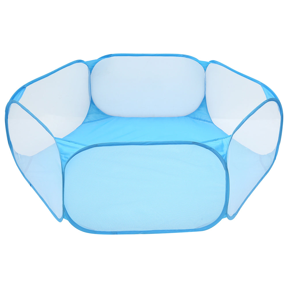 Blue inflatable pool with mesh sides on a white background