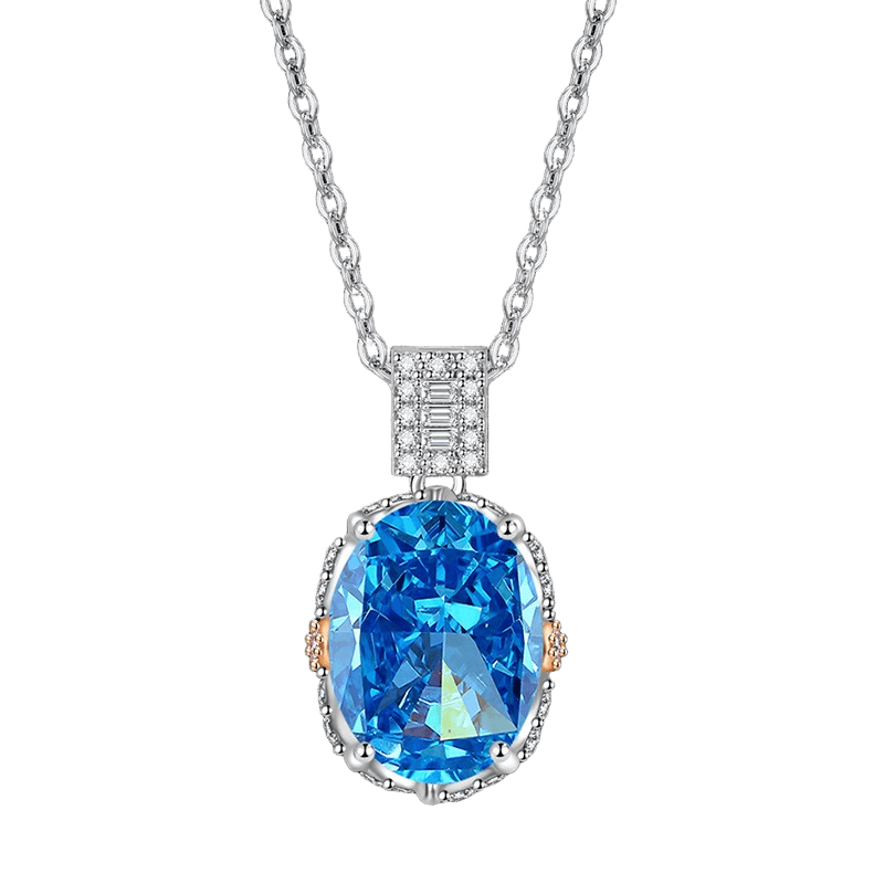 Ice Flower Cut Oval CZ Pendant Necklace | Two-Tone Pavé Halo, Blue & Green